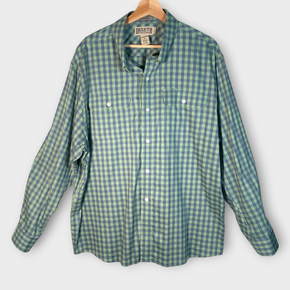 Duluth Untucked Standard Fit Shirt Mens XL Green Blue Check Hiking Casual EUC